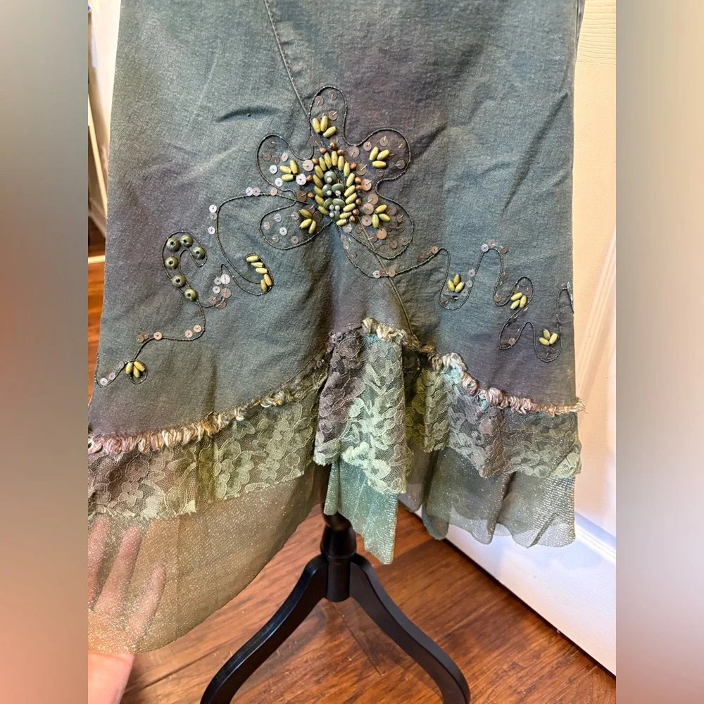 Simon Chang Olive Green Midi Skirt Beaded Floral Lace Hem Size 12 - Picture 2 of 11